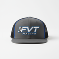 FVT Racing Snapback Hat in gray, blue, white, and black