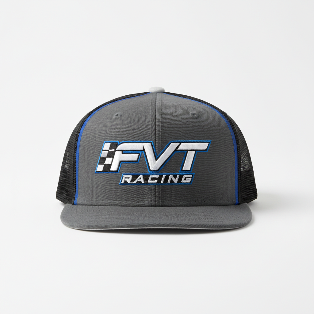 FVT Racing Snapback Hat in gray, blue, white, and black