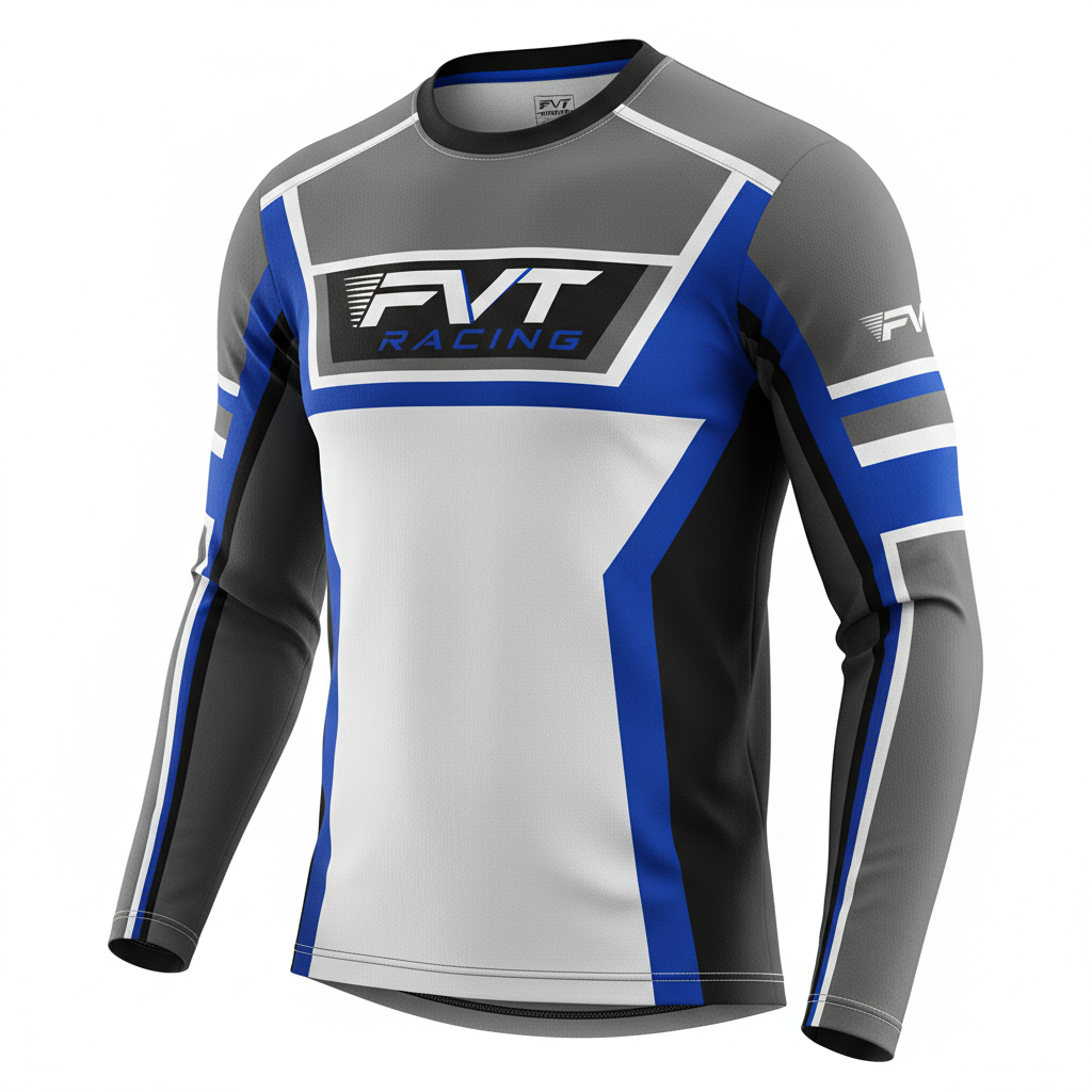 FVT Racing Long Sleeve Shirt in gray, blue, white, and black