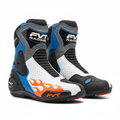 FVT Racing Boots in gray, blue, white, black, and orange