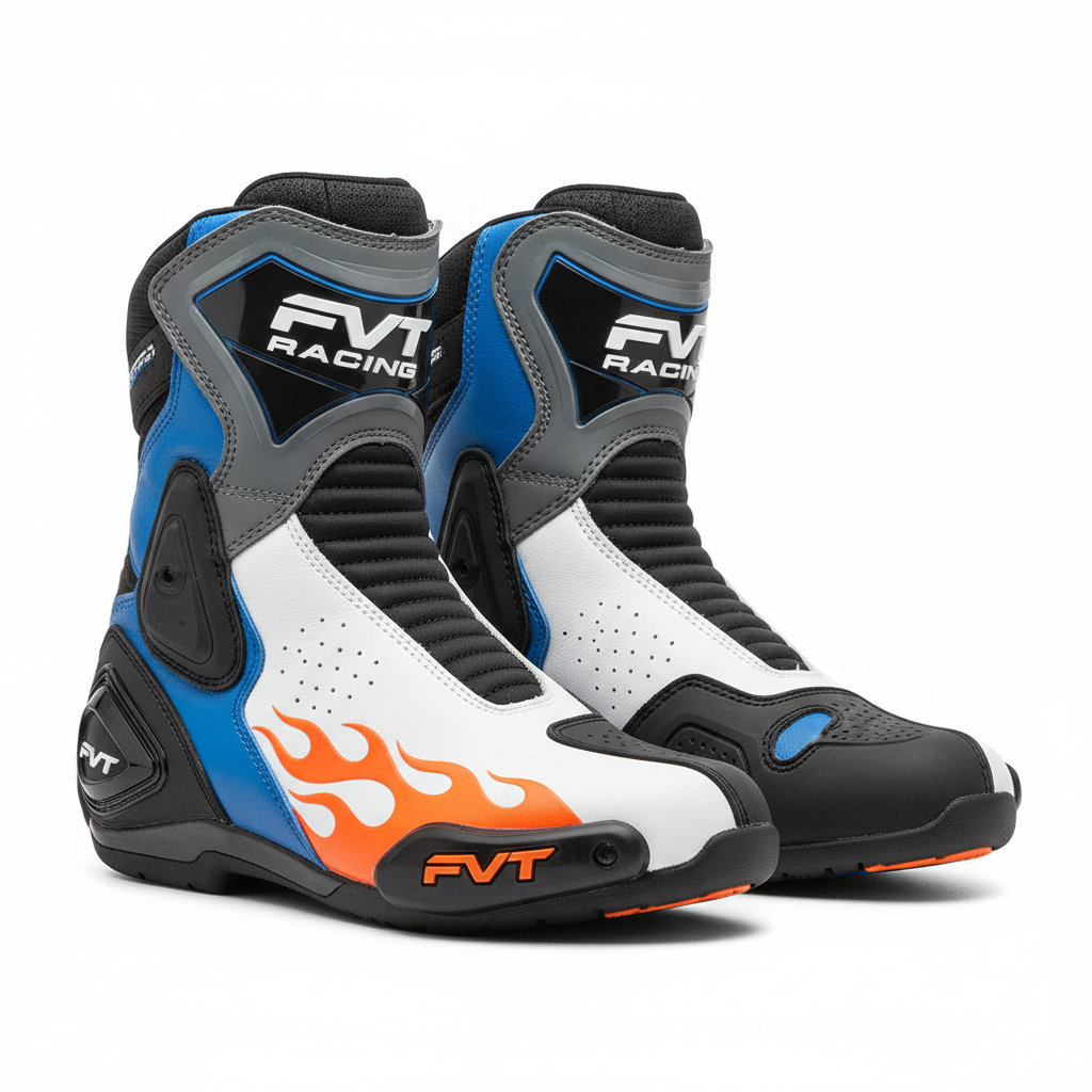 FVT Racing Boots in gray, blue, white, black, and orange