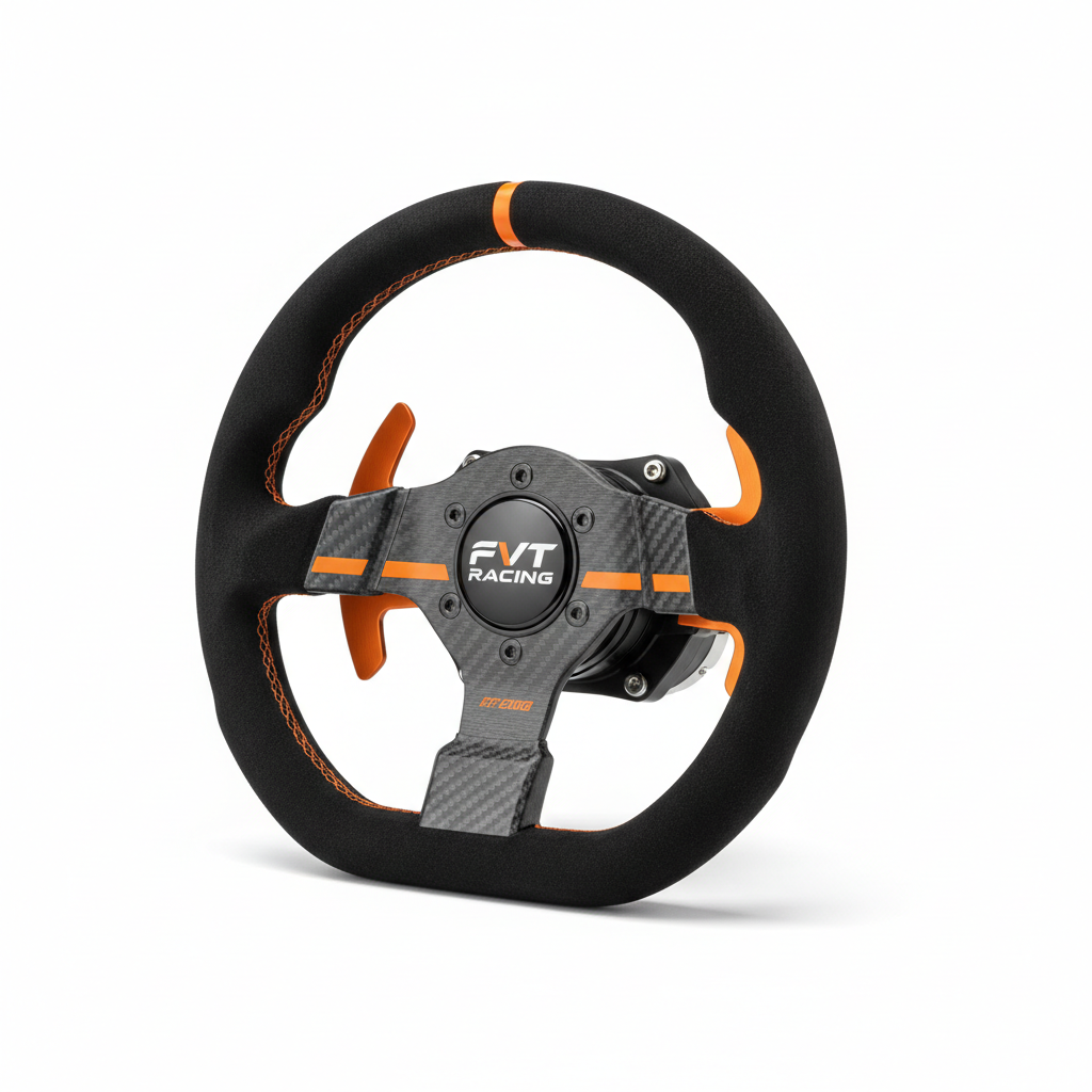FVT Racing Steering Wheel flat-bottom in gray, black, and orange