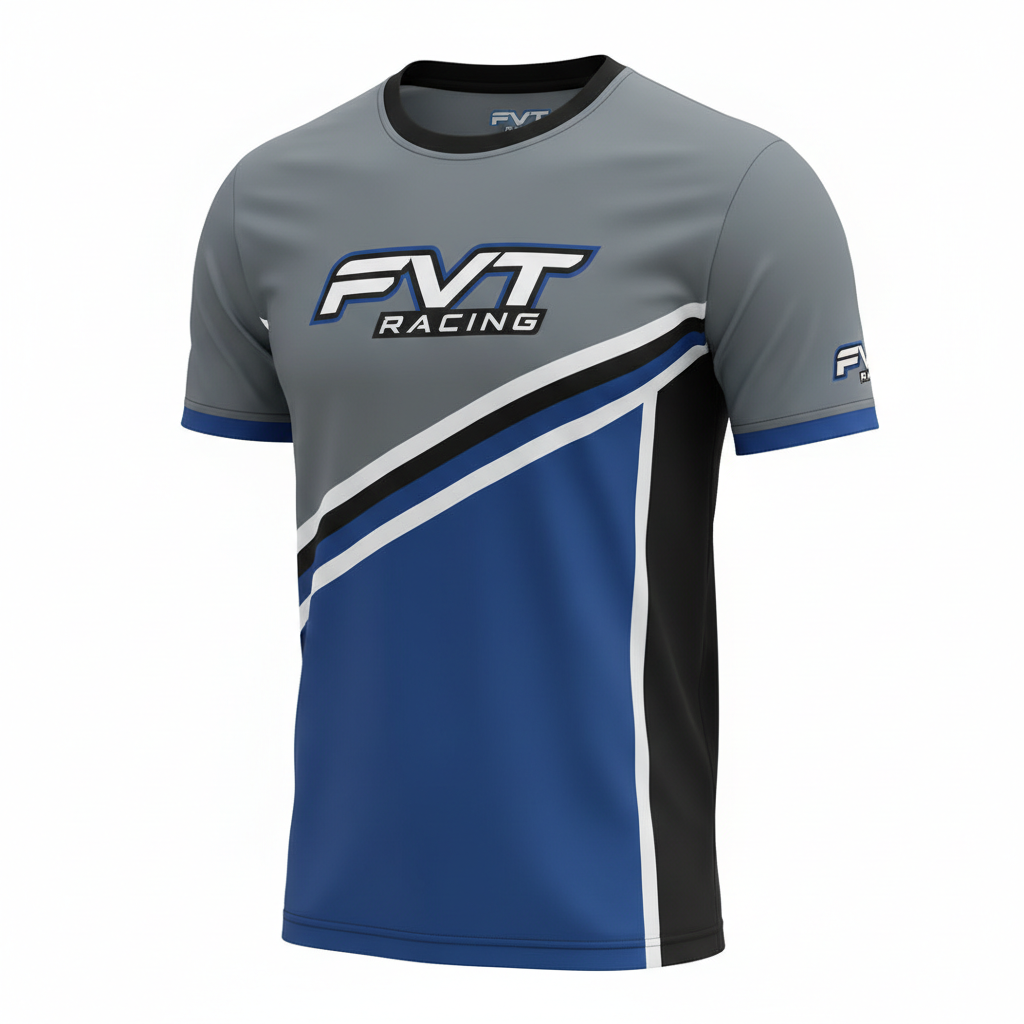 FVT Racing Short Sleeve Shirt in gray, blue, white, and black