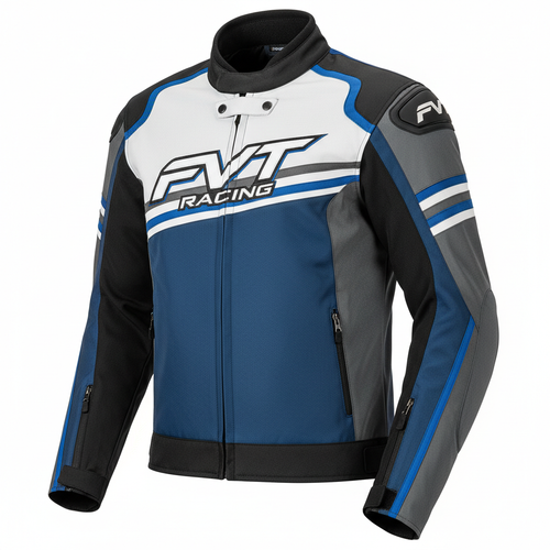 FVT Racing Jacket in gray, blue, white, and black
