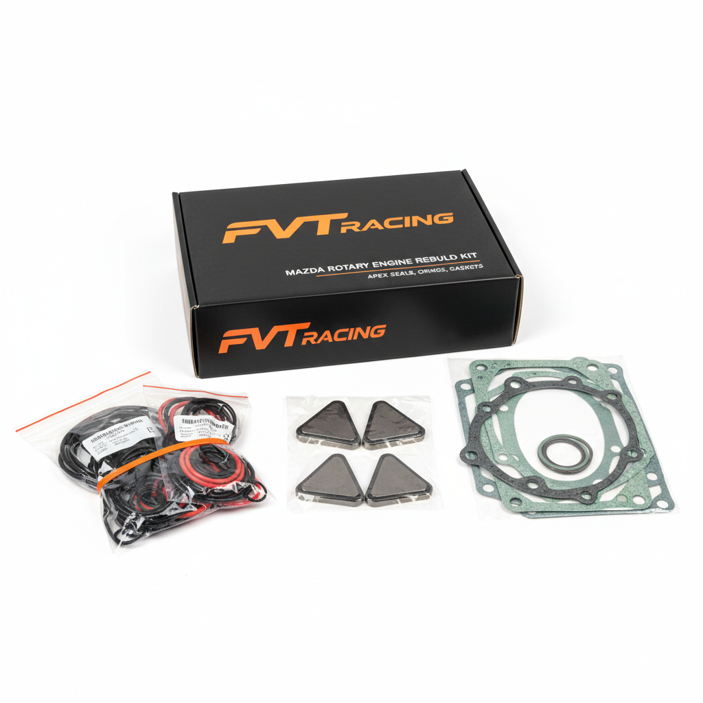 Mazda Rotary Engine Rebuild Kit with FVT Racing orange branding