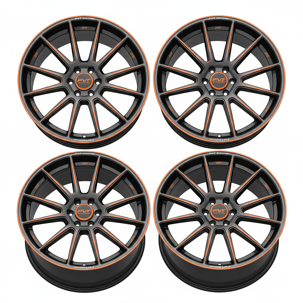 FVT Racing Forged Aluminum Wheels in gray, black, and orange