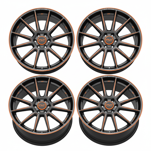 FVT Racing Forged Aluminum Wheels in gray, black, and orange
